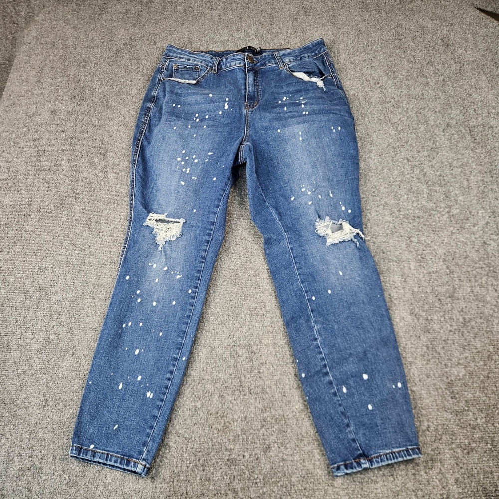 One5One Womens 16W Distressed Paint Splatter Skinny Jeans Blue Denim MUL25179Z